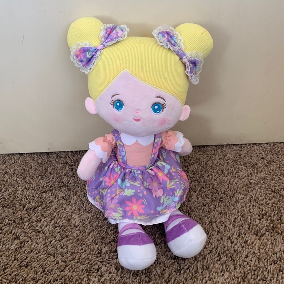 Ouozzz Fabric Plush Cloth Rag Baby Doll Blonde w/bows Purple dress - Picture 1 of 12